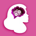 Thinking woman in paper cut style. Origami Lady Brainstorming. Brain, gears and cogs working together. Origami brain and Royalty Free Stock Photo