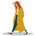 A thinking woman with a question mark is walking down the street.. Puzzled young girl.Surprised young woman. Vector illustration