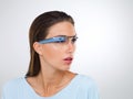 Thinking, woman and smart glasses for augmented reality, metaverse or innovation. Face, cyber eyewear and futuristic Royalty Free Stock Photo