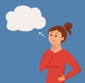 Thinking woman with speech bubble. Vector illustration of pretty face young girl