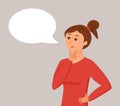 Thinking woman with speech bubble. Vector illustration of pretty face young girl