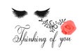 Thinking of you - card. Black thick eyelashes and arrow, rose. Vector stock illustration eps10.