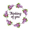 Thinking of you - card. Bouquet of lilacs. Vector stock illustration eps 10. Royalty Free Stock Photo