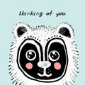 Thinking of you card design funny bear dog cat face, Black white colors on blue background. simple sketch, Can be used for Royalty Free Stock Photo