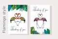 Thinking of you - card. Flamingo style, set. flamingo, tropical leaves. vector illustration eps10. hand drawing.