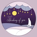 Thinking of you- card.Illustration of bored white cat, sky clouds stars  in cute paper style. Royalty Free Stock Photo