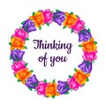 Thinking of you- card. Rose wreath frame, watercolor illustration.