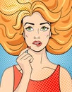 Thinking young woman looking up. Vector Illustration in comic style Royalty Free Stock Photo