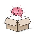 Human brain hovering outside an open cardboard box. Thinking outside the box concept. Flat style illustration. Isolated.