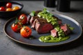 Thinly Sliced Argentinean-Style Sirloin with Chimichurri and Grilled Tomatoes, Generative AI