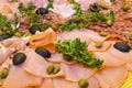 Thinly sliced ham and salami with greens. Royalty Free Stock Photo