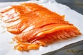 thinly sliced smoked salmon on parchment paper