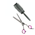 Thinning scissors and hairbrush isolated on white background. Free space for text Royalty Free Stock Photo