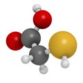 Thioglycolic acid (TGA) molecule. Used in chemical depilation and for making permanent waves (perms) in hair. The latter involves