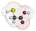 Thioglycolic acid (TGA) molecule. Used in chemical depilation and for making permanent waves (perms) in hair. The latter involves