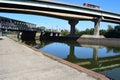 Thionville, France - 08 22 2023: Truck on an Autobahn bridge with a railroad bridge below Royalty Free Stock Photo