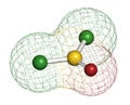 Thionyl chloride SOCl2 chemical reagent molecule. 3D rendering. Atoms are represented as spheres with conventional color coding.