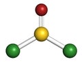 Thionyl chloride SOCl2 chemical reagent molecule. 3D rendering. Atoms are represented as spheres with conventional color coding.