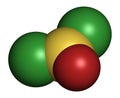 Thionyl chloride SOCl2 chemical reagent molecule. 3D rendering. Atoms are represented as spheres with conventional color coding.