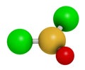 Thionyl chloride (SOCl2) chemical reagent molecule. 3D rendering. Atoms are represented as spheres with conventional color coding