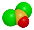 Thionyl chloride (SOCl2) chemical reagent molecule. 3D rendering. Atoms are represented as spheres with conventional color coding