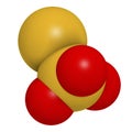 Thiosulfate anion, chemical structure. 3D rendering. Atoms are represented as spheres with conventional color coding: sulfur (