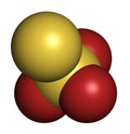 Thiosulfate anion, chemical structure. 3D rendering. Atoms are represented as spheres with conventional color coding: sulfur (