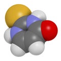 Thiouracil drug molecule. Obsolete drug molecule, previously used in the treatment of Graves\' disease. 3D rendering. Atoms are