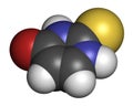 Thiouracil drug molecule. Obsolete drug molecule, previously used in the treatment of Graves\' disease. 3D rendering. Atoms are