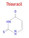 Thiouracil drug molecule. Treatment of Graves& x27; disease. Skeletal formula.