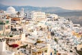 Thira, Santorini - 18.10.2018: Panoramic view Traditional famous white houses and churches in Thira town on Santorini Royalty Free Stock Photo