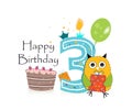 Third birthday greeting card. Cute owl, balloon and birthday cake vector background