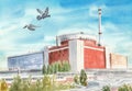 The third block of South ukrainian nuclear power plant and pair of doves in the sky