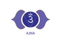 Third eye chakra Ajna logo template. The sixth frontal chakra, sacral sign meditation, yoga blue and purple round mandala icon