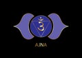 Third eye chakra Ajna logo template. The sixth frontal chakra, sacral gold sign meditation, yoga blue and purple round mandala