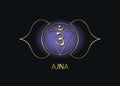 Third eye chakra Ajna logo template. The sixth frontal chakra, sacral gold sign meditation, yoga blue and purple round mandala