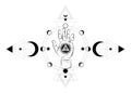 Third eye hand esoteric spiritual icon. Sacred pyramid of knowledge, an all-seeing eye. Mystical geometry, signs of the moon phase