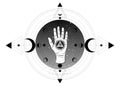 Third eye hand esoteric spiritual icon. Sacred pyramid of knowledge, an all-seeing eye. Mystical geometry, signs of the moon phase