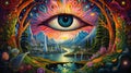 Third Eye looking over a colorful psychedelic landscape. Meditation, lucid dreaming, hallucinations. Generative AI