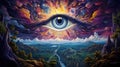 Third Eye looking over a green landscape with valley, mountains, and river. Psychedelic visions, meditation. Generative AI