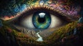 Third Eye looking over a surreal psychedelic landscape. Psychic visions, vivid dreams, lucid dreaming concepts. Generative AI