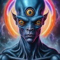 A third eye opened in the middle of the gray-skinned alien\'s forehead. The backdrop is the universe Royalty Free Stock Photo