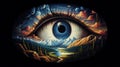 Third Eye peeking through the darkness and looking over a colorful landscape. Psychic visions, vivid dreams. Generative AI