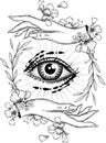 Third eye symbol. Mystical and Spiritual illustration with Woman Hands and Cute Flowers.