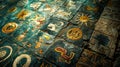 A third image captures a mosaic of symbols and patterns adorning the floor of an underwater palace. The intricate design