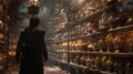 In the third image a rugged traveler stands in front of a towering shelf filled with rows upon rows of potion bottles