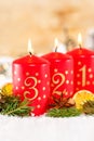 Third 3rd Sunday in advent with candle Christmas time decoration portrait format Royalty Free Stock Photo