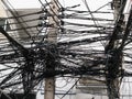 Third world country electrical wires. Disorganized electrical wiring tangled and in dense loom-like