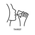 Thirst flat line icon. Vector illustration of a girl who drinks water from a glass. Diabetes symptom