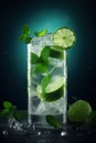 Thirst-Quenching Mojito Magic: A Closeup View of Ice-Cold Refreshment. Generative AI